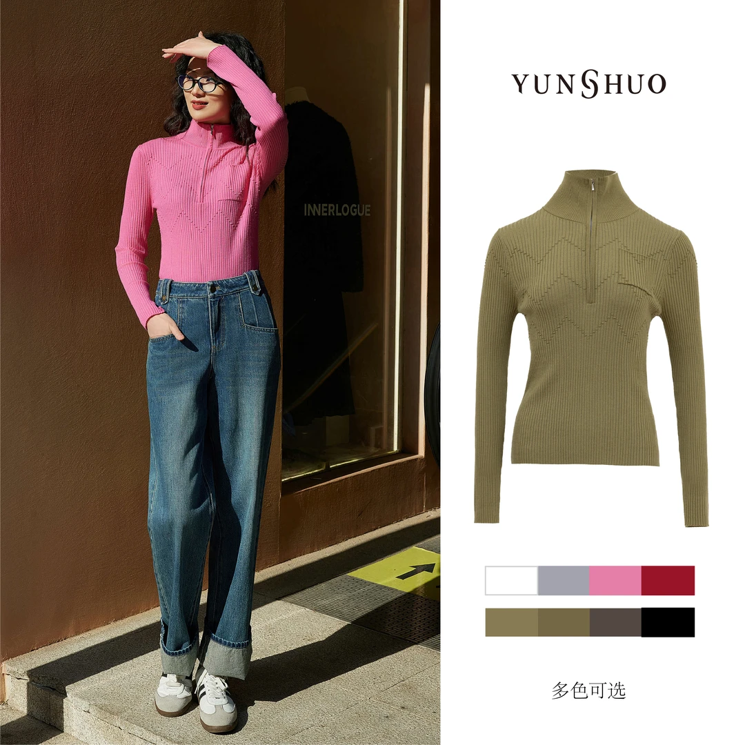 允硕春秋季新款时尚百搭气质针织上衣女高领拉链套头毛衫739467