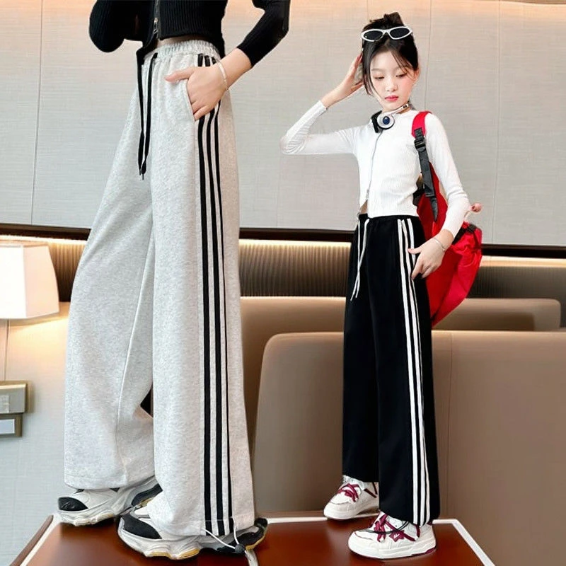 女童休闲裤春秋款儿童宽松阔腿卫裤运动裤中大童洋气直筒条纹裤子