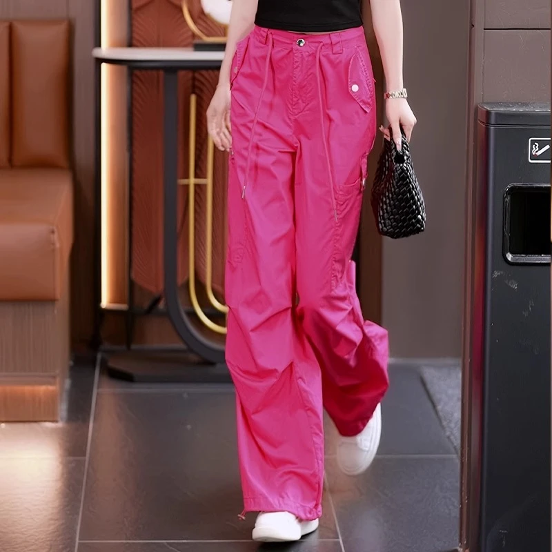 玫红色美式工装裤百搭女2025春秋薄款抽绳休闲直筒阔腿纯棉伞兵裤