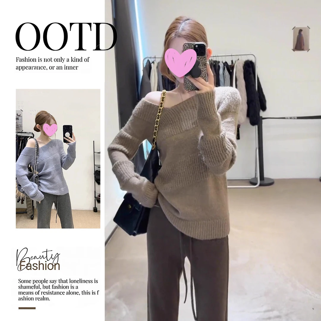 2025年早秋新款女装韩系风镂空不规则斜领针织衫女修身设计感毛衣