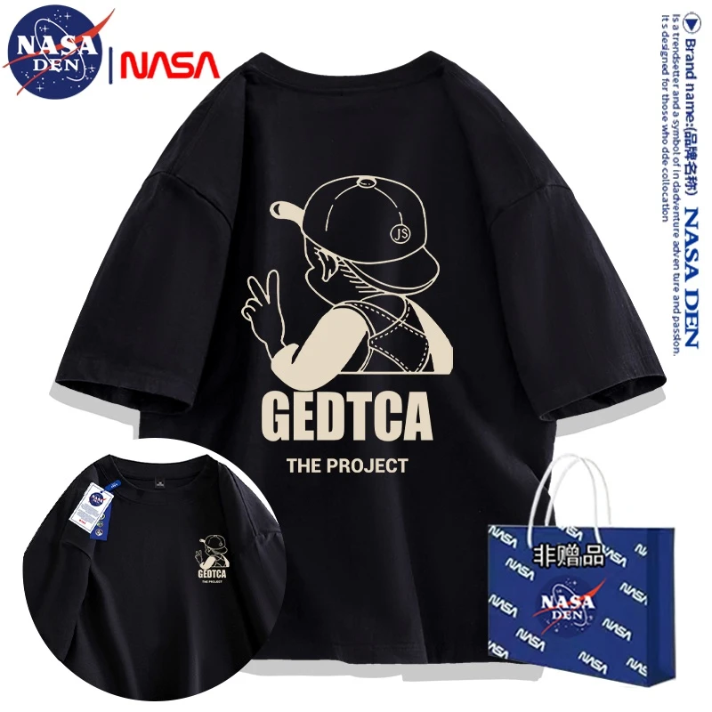 NASA联名夏季新款男女重磅印花宽松短袖情侣纯棉T恤潮牌五分袖ins