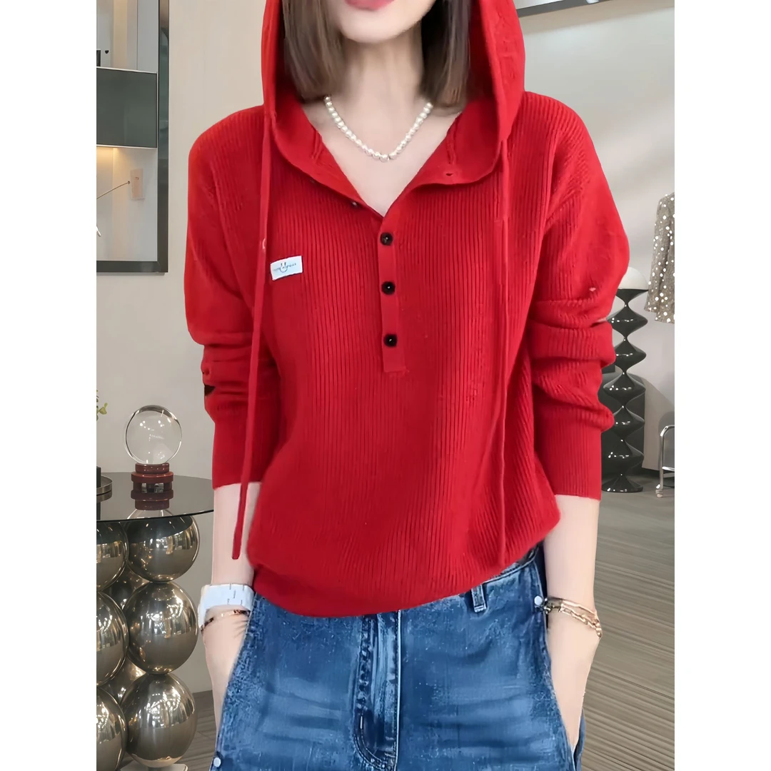 2025秋季新款连帽红色针织衫女时尚休闲百搭洋气宽松显瘦长袖上衣