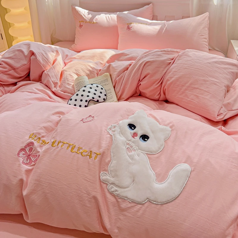 水洗棉刺绣四件套云朵棉毛巾绣四件套宿舍三件套可爱单人床上用品