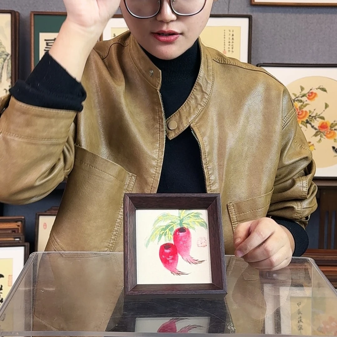 国画纯手绘，纯手写带框尺寸：12×12厘米