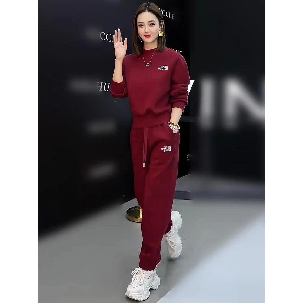 酒红色休闲运动套装女秋冬新款宽松时尚小个子卫衣卫裤时尚两件套