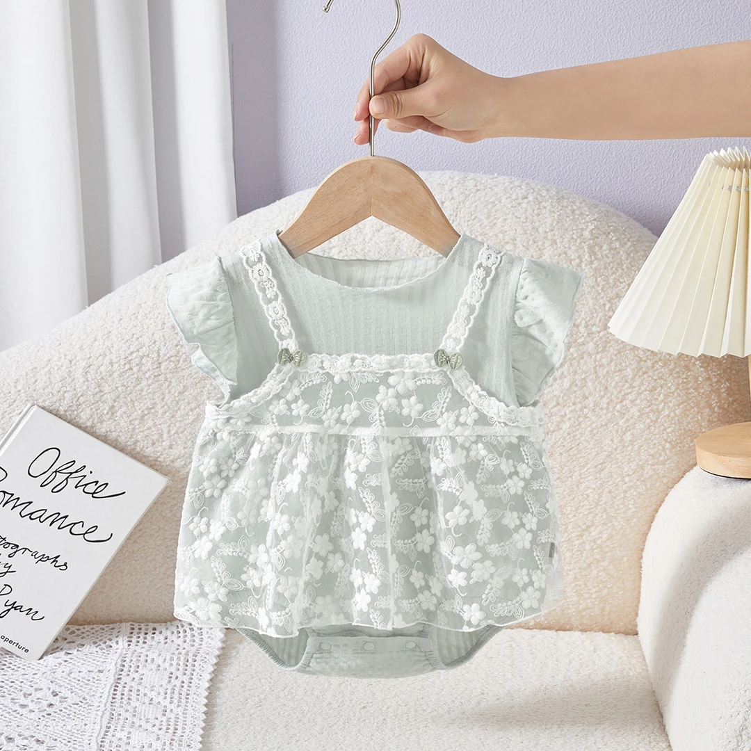 女宝宝包屁衣夏季薄款短袖洋气公主裙碎花假两件哈衣婴儿衣连体服