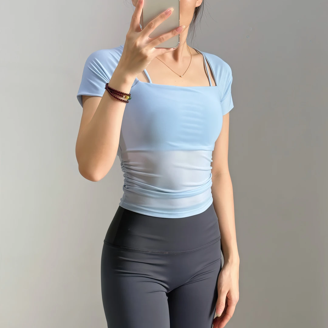 普拉提网纱短袖带固定胸垫瑜伽服短袖修身外穿跑步健身运动上衣
