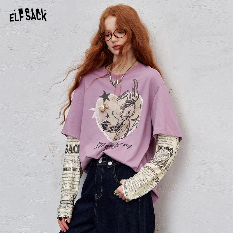 妖精的口袋假两件复古紫色印花长袖t恤女2025早秋新款设计感上衣