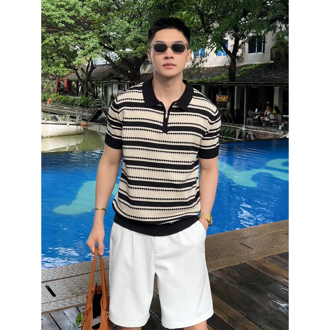 『空山新雨 清爽薄透』复古轻奢松弛感镂空设计拼色条纹针织POLO衫