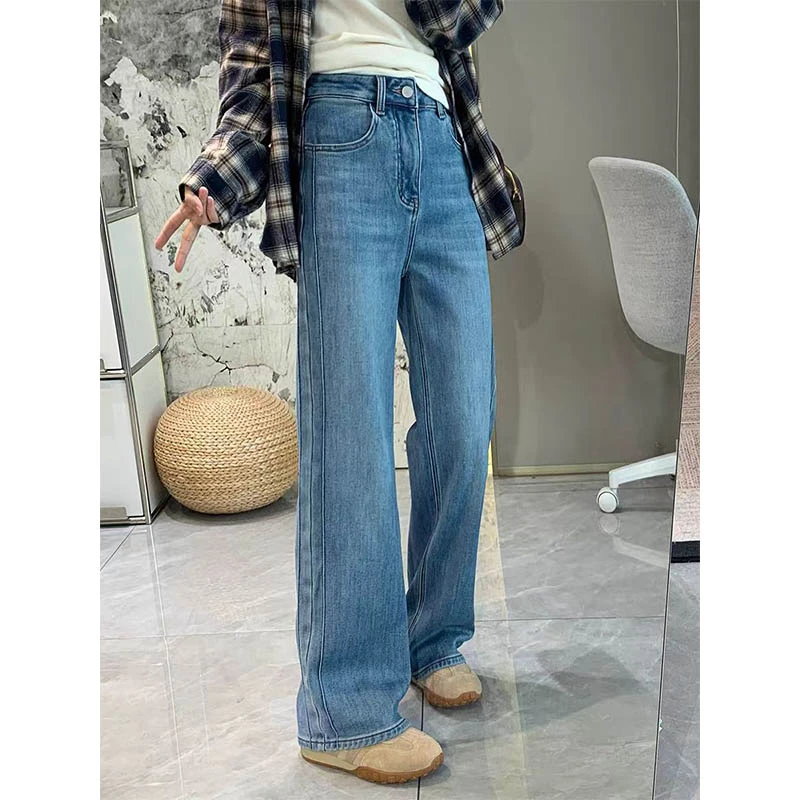 （女装）9606 蓝色高腰显瘦垂感加绒直筒牛仔裤