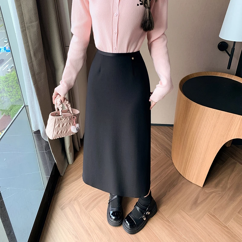 高腰简约a字半身裙女2024秋冬新款百搭显瘦后开叉气质中长裙