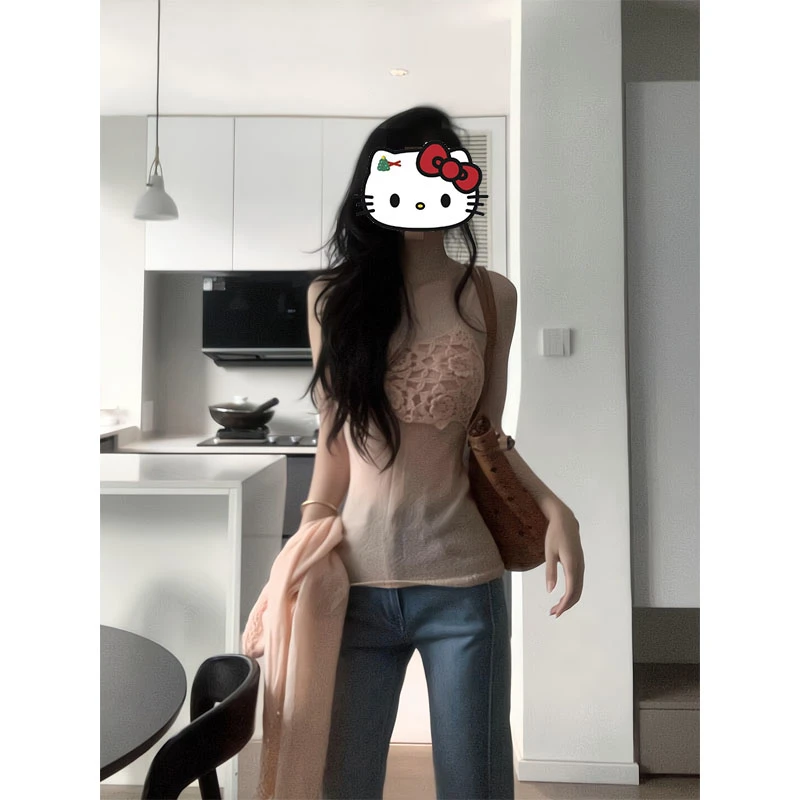 早秋初春韩系穿搭小众镂空立体花朵针织开衫背心两件套吊带阔腿裤