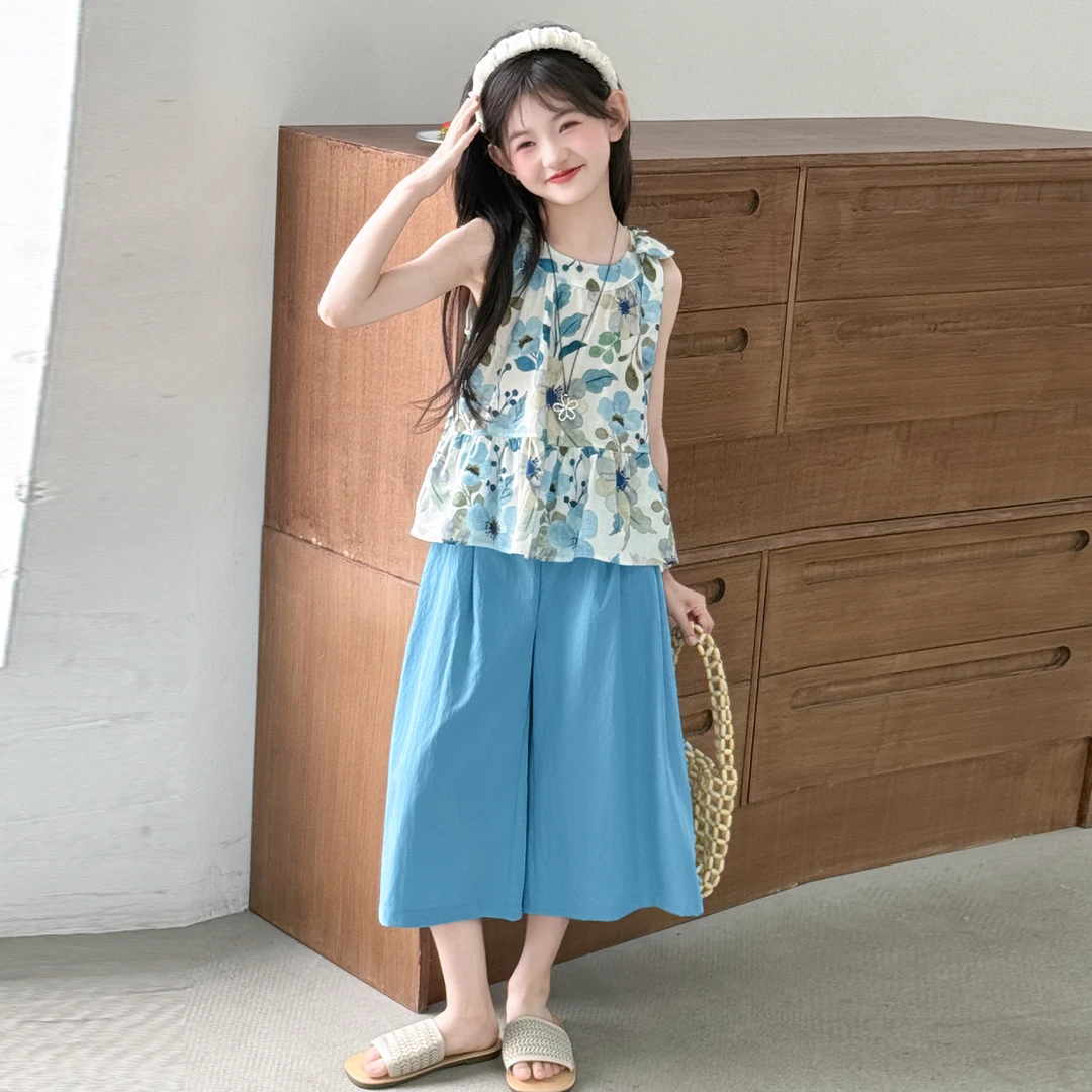 女童套装夏装2025新款儿童夏季背心碎花洋气小女孩阔腿短裤两件套