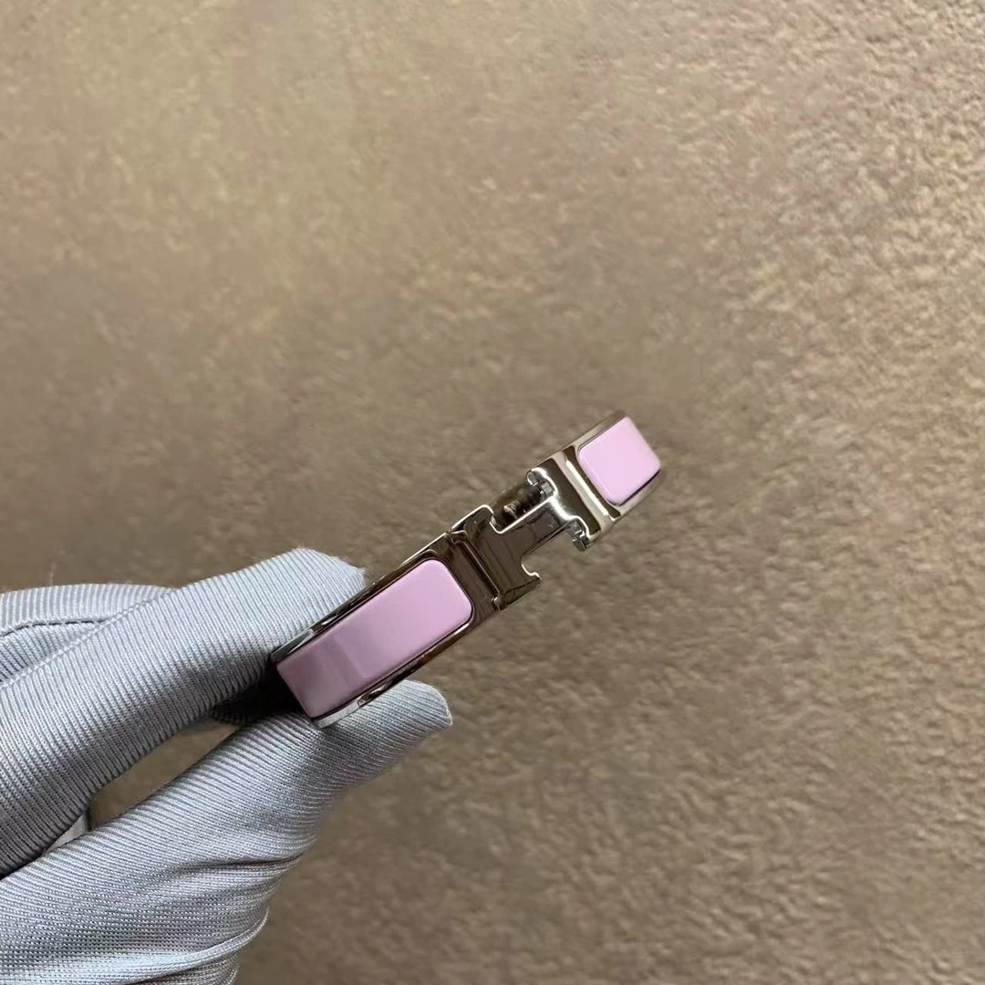 99新 Hermes/爱马仕 壹臻/ 粉银H珐琅窄版 手镯 13209403