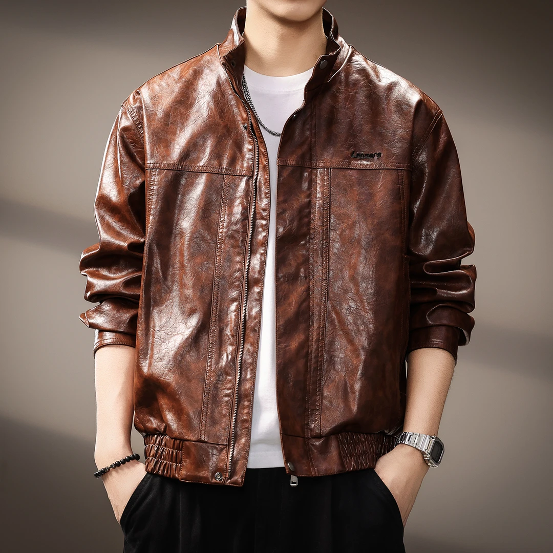 美式复古纯色皮衣外套男秋季小众潮流高街痞帅宽松飞行员夹克男款