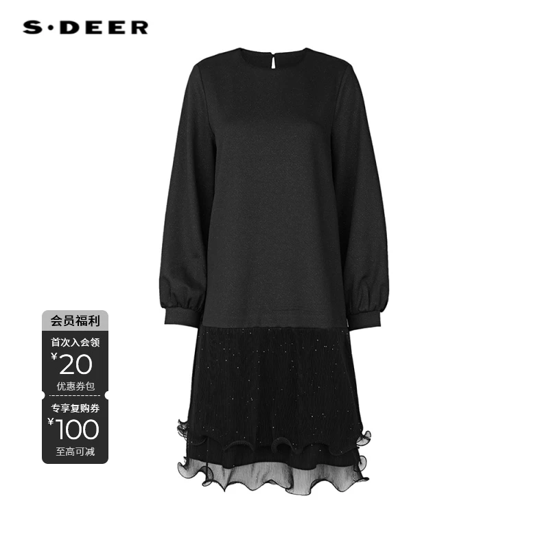 S·DEER圣迪奥冬季时尚圆领拼接长袖百搭休闲宽松连衣裙S244Z1205
