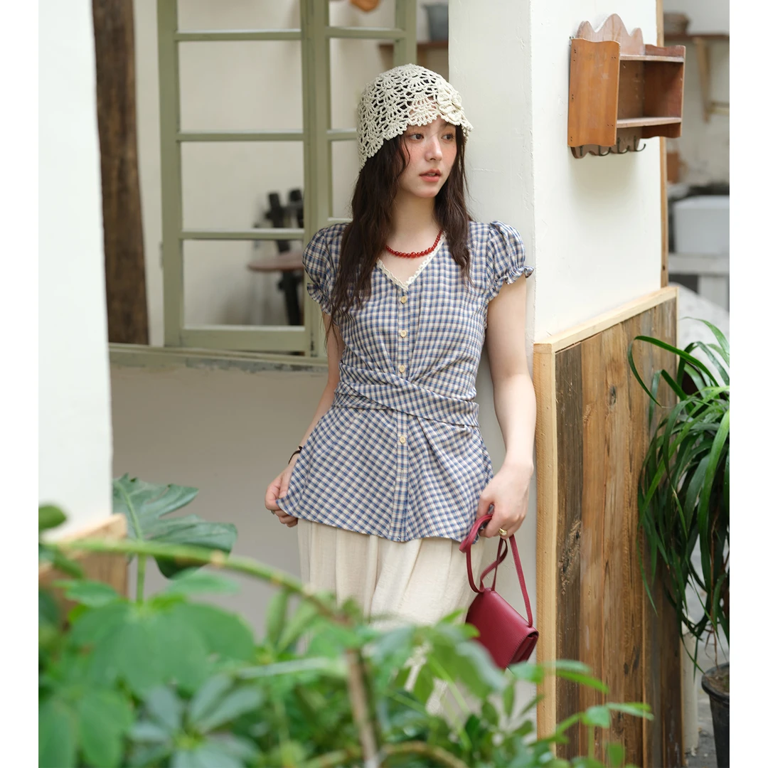 谜秀新品蕾丝花边短袖衬衫女蝴蝶结系带泡泡袖衬衣收腰上衣潮