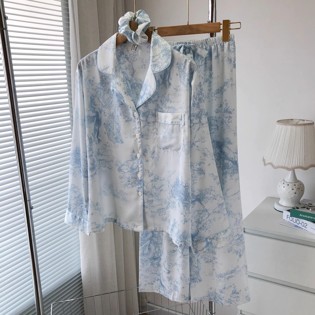 吉伦略索春秋款印花冰丝睡衣女长袖休闲家居服套装可外穿夏天短袖