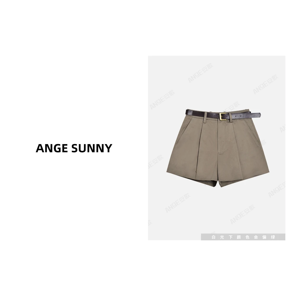 ANGE SUNNY【幂姐同款 腰带短裤】褶皱高腰卡其色西装短裤送腰带