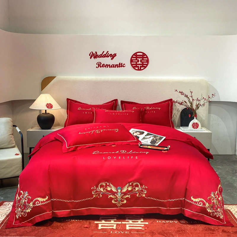 爆款高端中式全棉纯棉刺绣四件套婚被婚房大红色被套婚庆床上用品