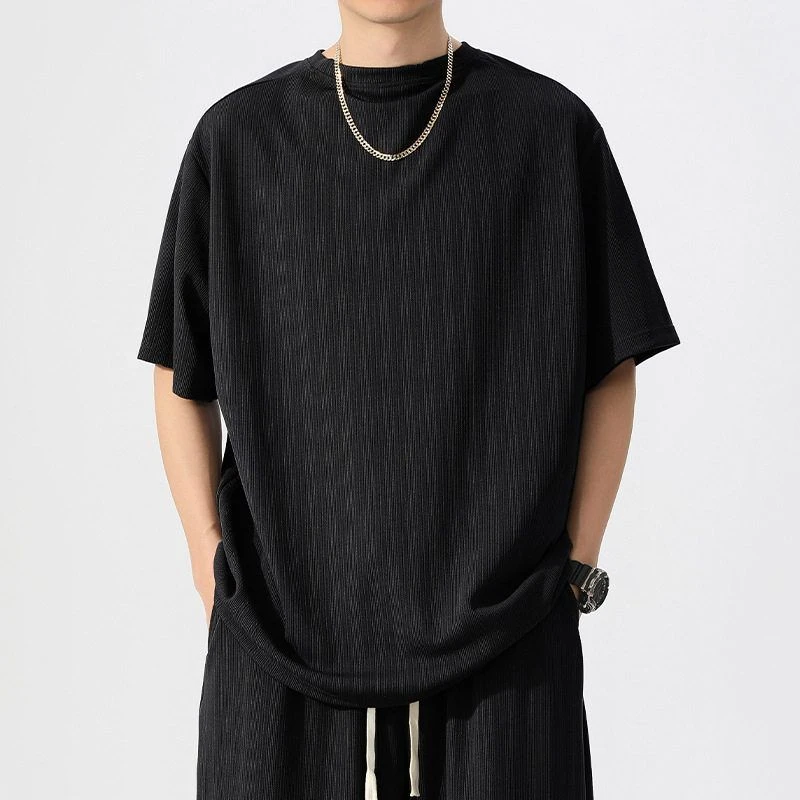 夏季薄款大码男士t恤潮流大提花宽松短袖美式纯色体恤外贸男装