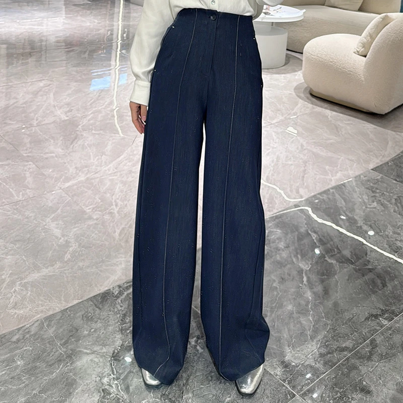 牛仔蓝高腰阔腿裤女2025秋季新款直筒弹力显瘦宽松垂感拖地裤百搭