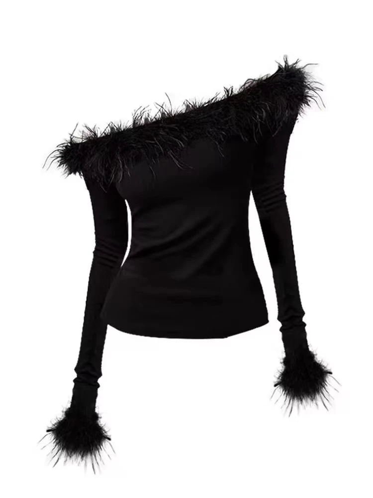 现货秒！黑色性感一字肩针织衫女秋冬气质拼接羽毛修身露肩上衣