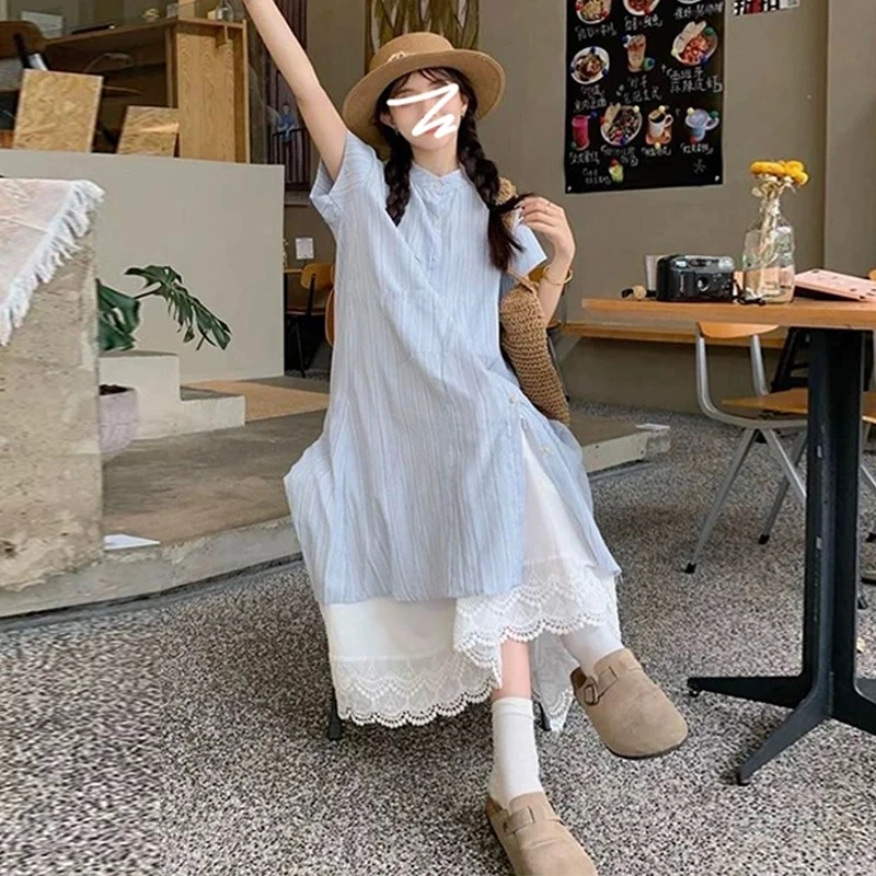 可爱 日系甜美叠穿套装夏季新款条纹衬衫连衣裙蕾丝半身裙两件套