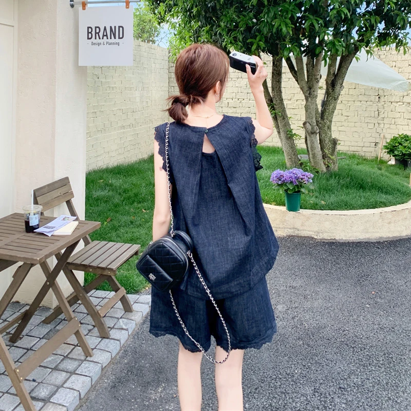蕾丝花边牛仔背心短裤2025夏季新款盐系松弛感甜酷风无袖显瘦套装