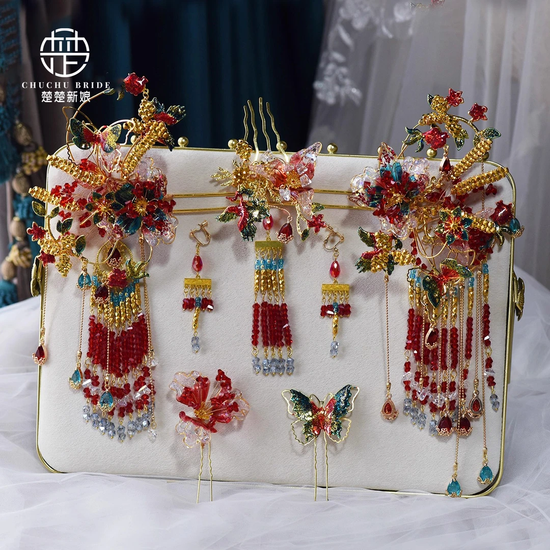 新中式新娘头饰复古红色大气重工蝴蝶花朵古典龙凤褂汉服发饰品