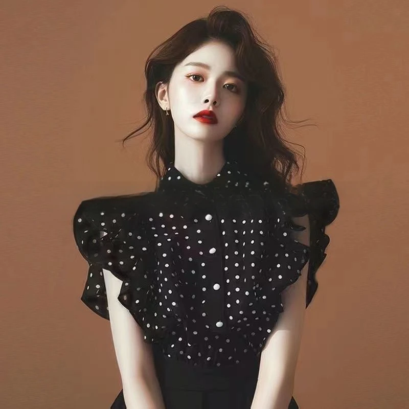 法式黑色波点无袖雪纺衬衫女夏季今年流行漂亮小衫超仙飞飞袖上衣
