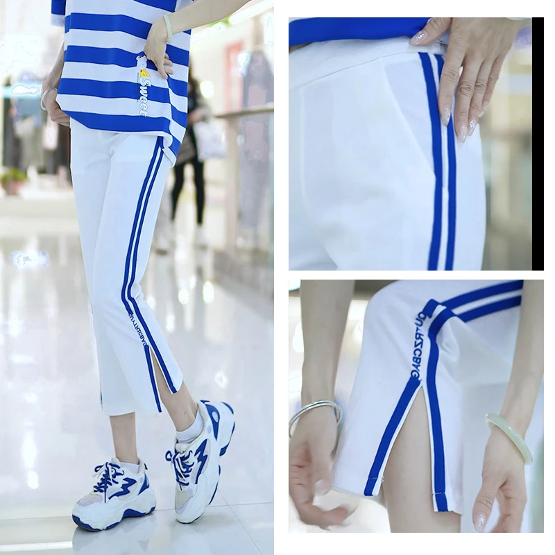 9022宽松八分烟管裤春夏女弹力百搭竖条开叉小个子微喇裤子休闲