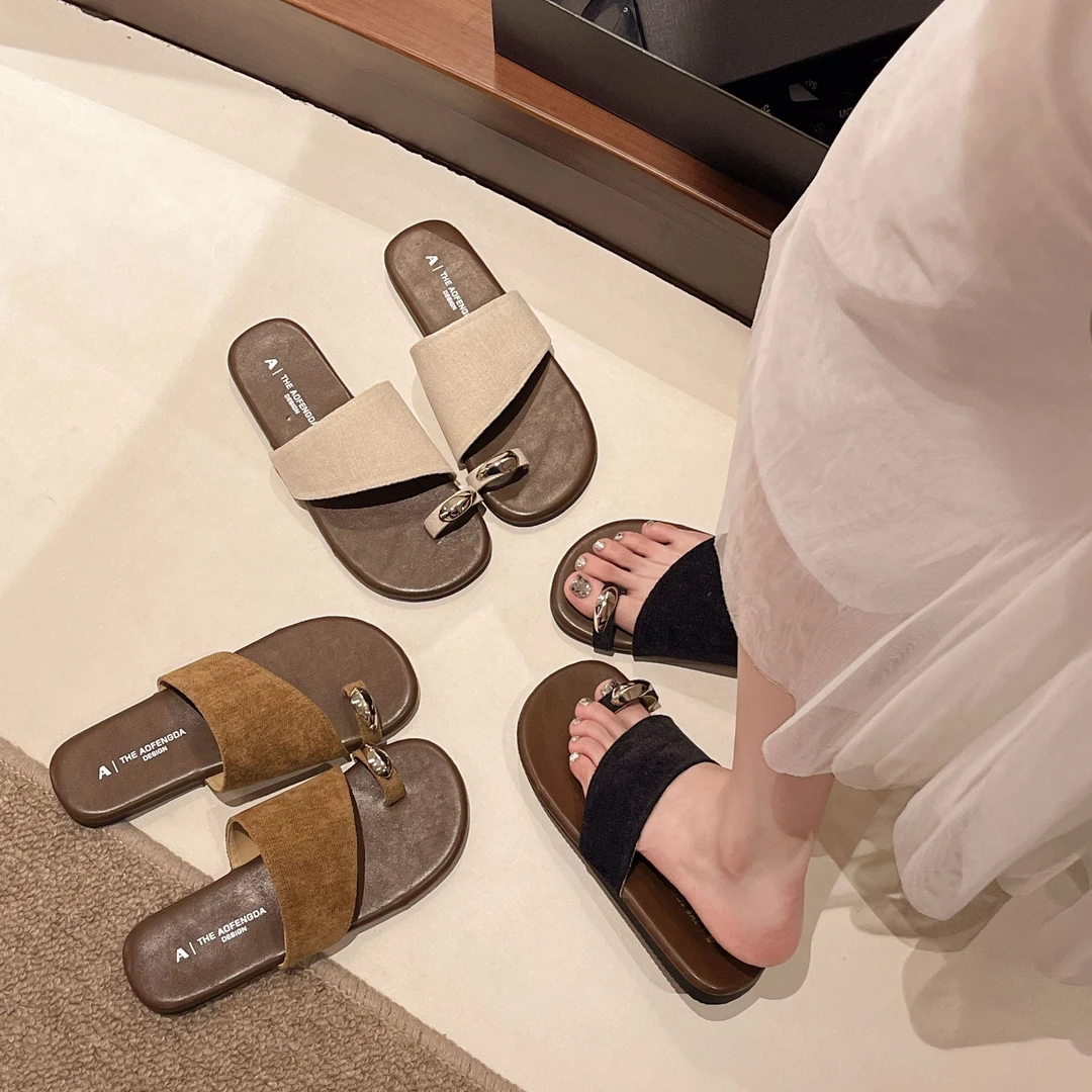 2025年夏季新款编织套趾复古软底外穿凉拖海边度假沙滩休闲拖鞋女