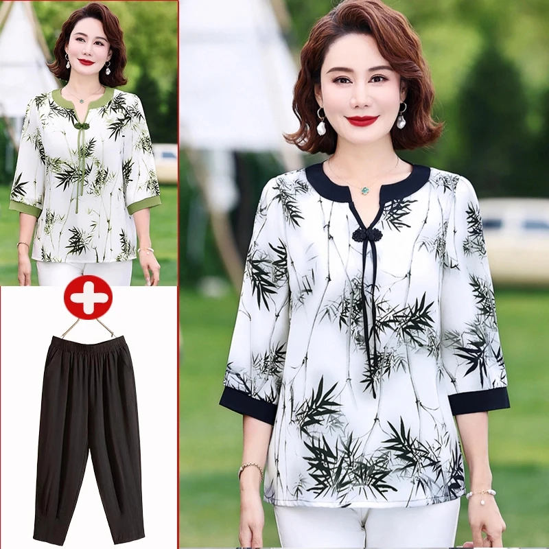 母亲节妈妈雪纺夏装新中式洋气七分袖春装T恤中老年人女印花衣服