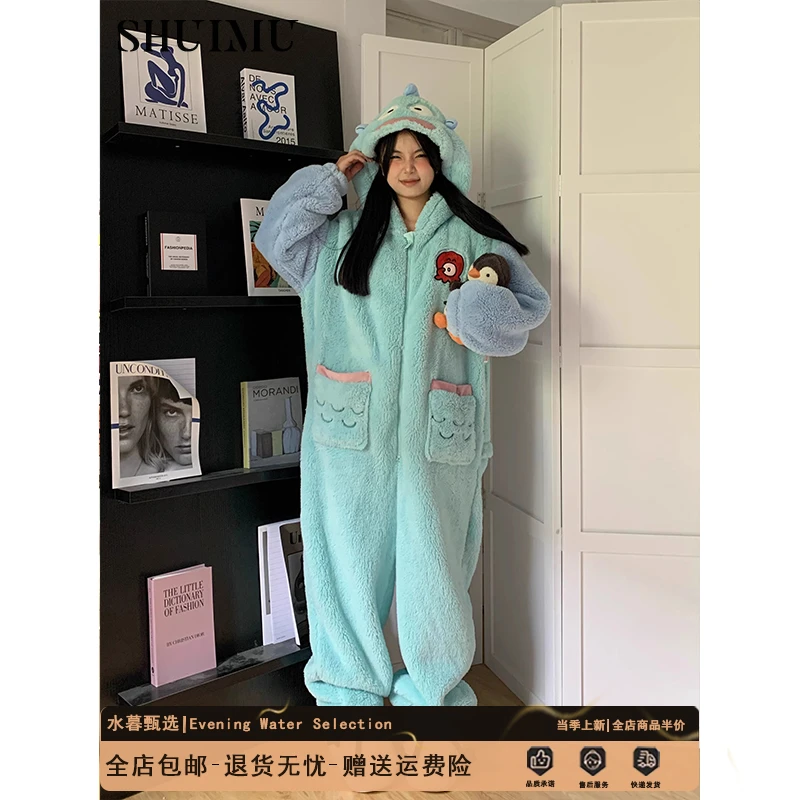 连体搞怪小丑鱼连帽珊瑚绒睡衣女2024冬季加厚加绒大码家居服睡袍