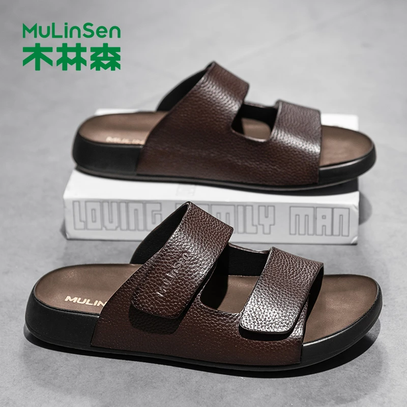 木林森凉鞋夏季头层牛皮两穿男士拖鞋透气防滑厚底休闲外穿沙滩鞋