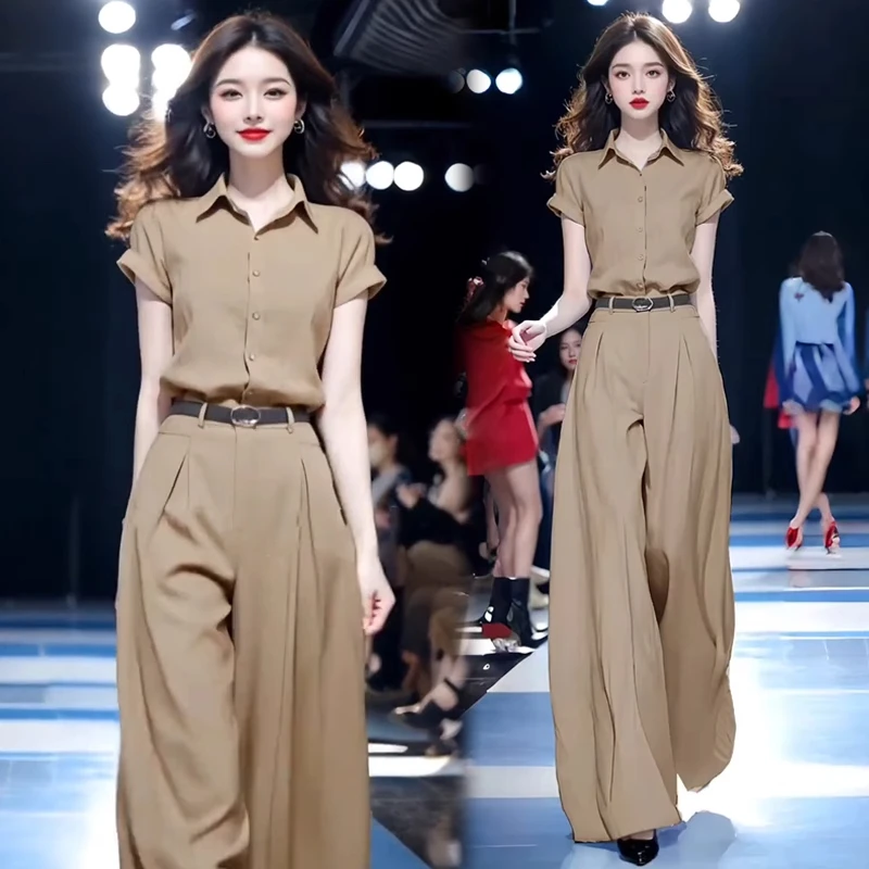 时尚气质套装女2025夏季新款洋气时髦短袖衬衫高腰阔腿裤两件套潮