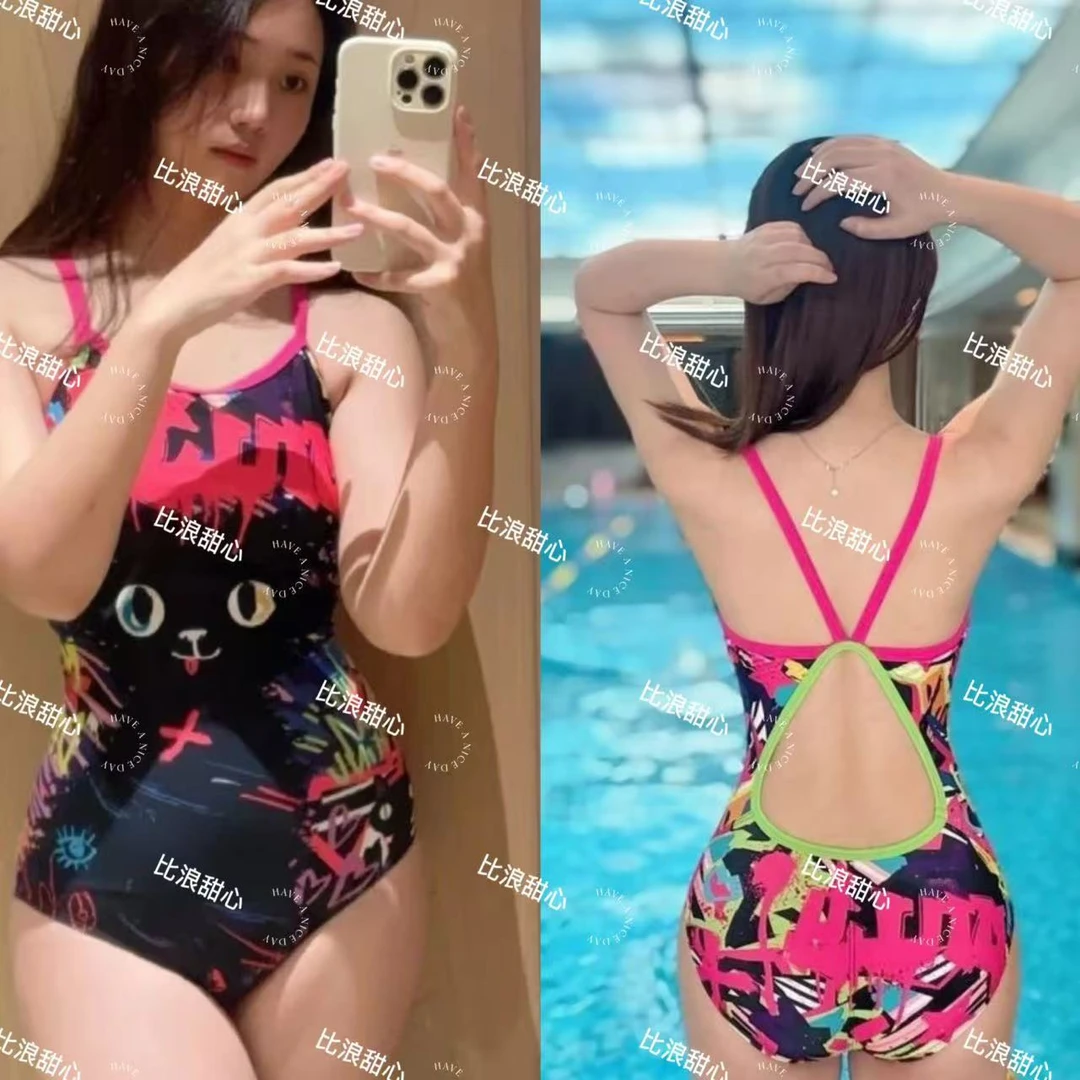 比浪甜心【猫咪涂鸦】专业游泳馆女士修身显瘦三角连体竞速游泳衣