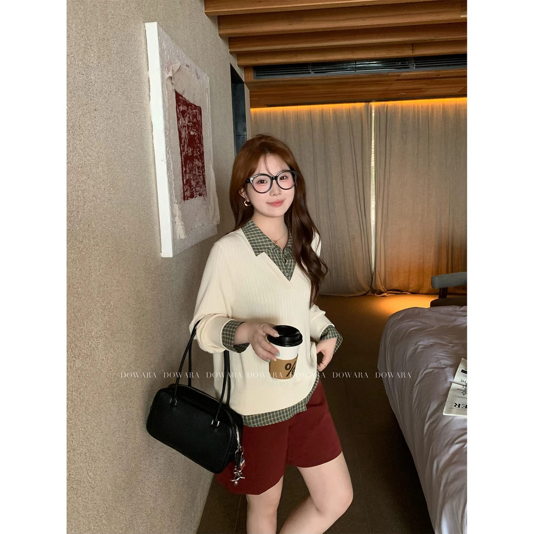 现货大婉酱微胖定制假两件翻领针织衫女春季设计感休闲上衣 7722D