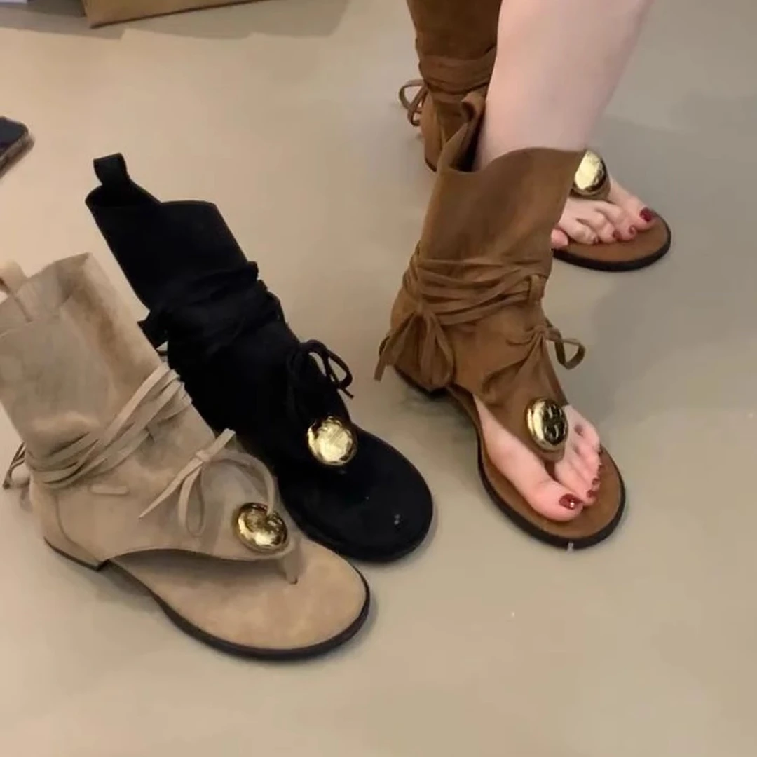 羊皮版~复古废土风绑带西部靴女金属扣夹趾罗马凉靴粗跟短筒靴子