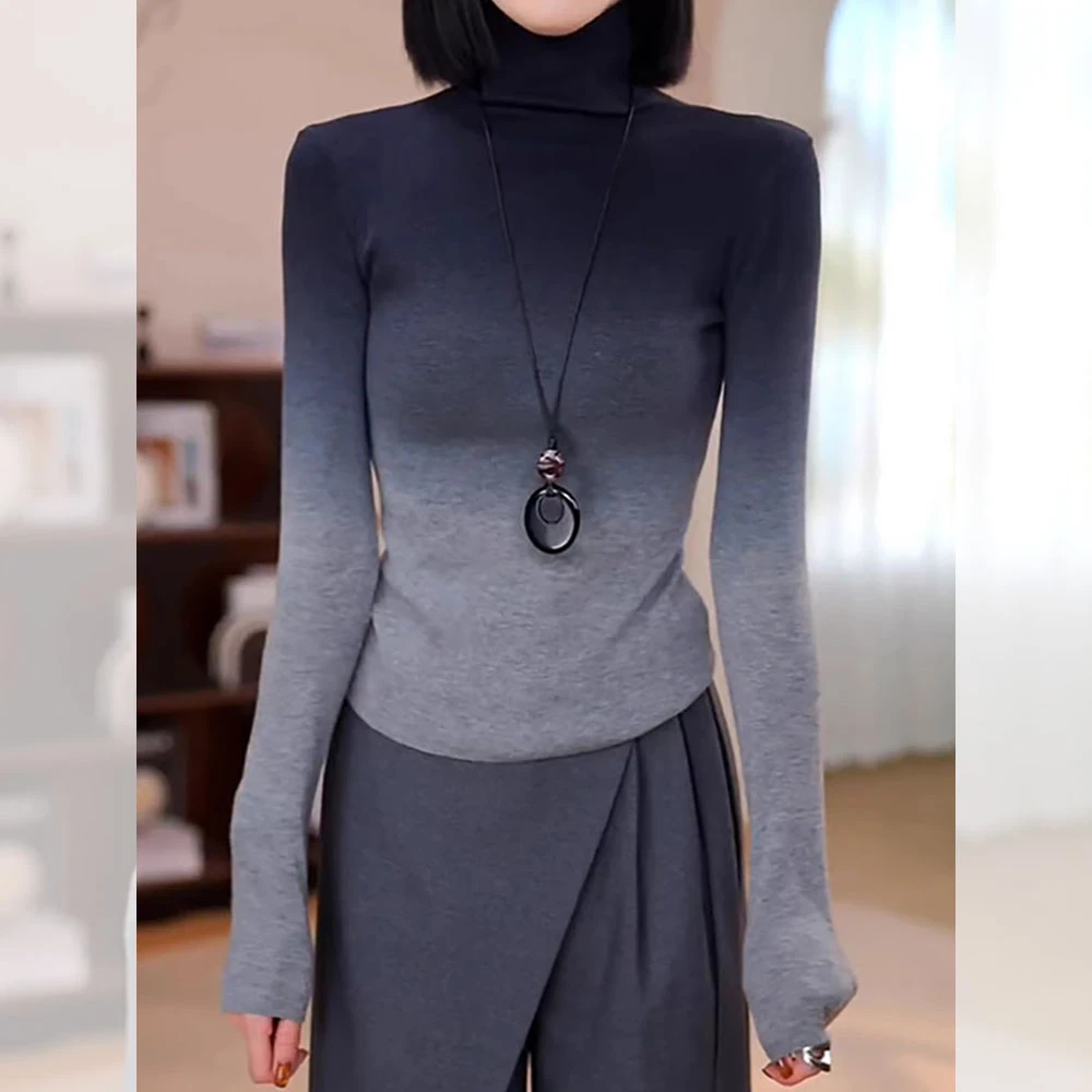 设计感气质修身上衣秋冬新款胖MM大码女装高级感渐变半高领T恤女