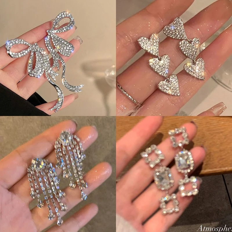 爆闪蝴蝶结满钻流苏耳环女小众设计感高级气质长款耳钉新娘耳饰