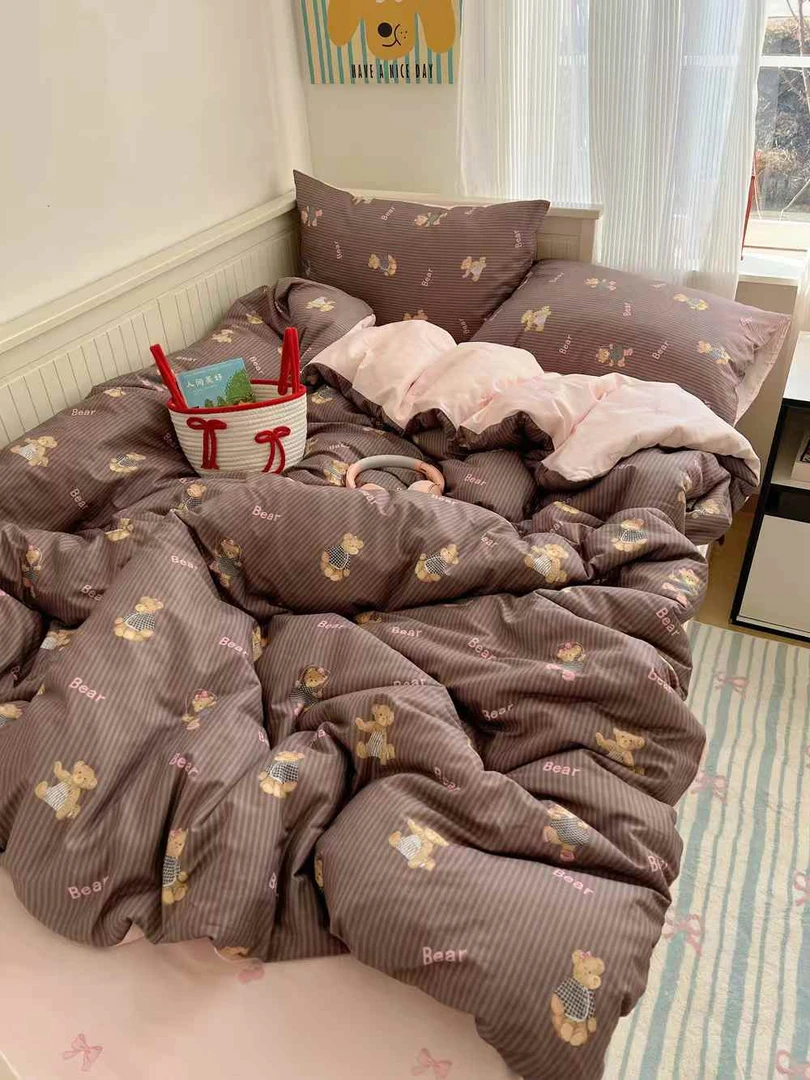 100%纯全棉斜纹棉印花小清新可爱卡通风学生宿舍单人三件套四件套