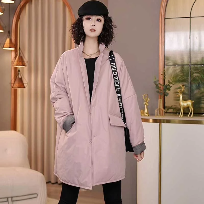 8578冬季新款2024宽松休闲时尚西装领拼色棉衣外套女