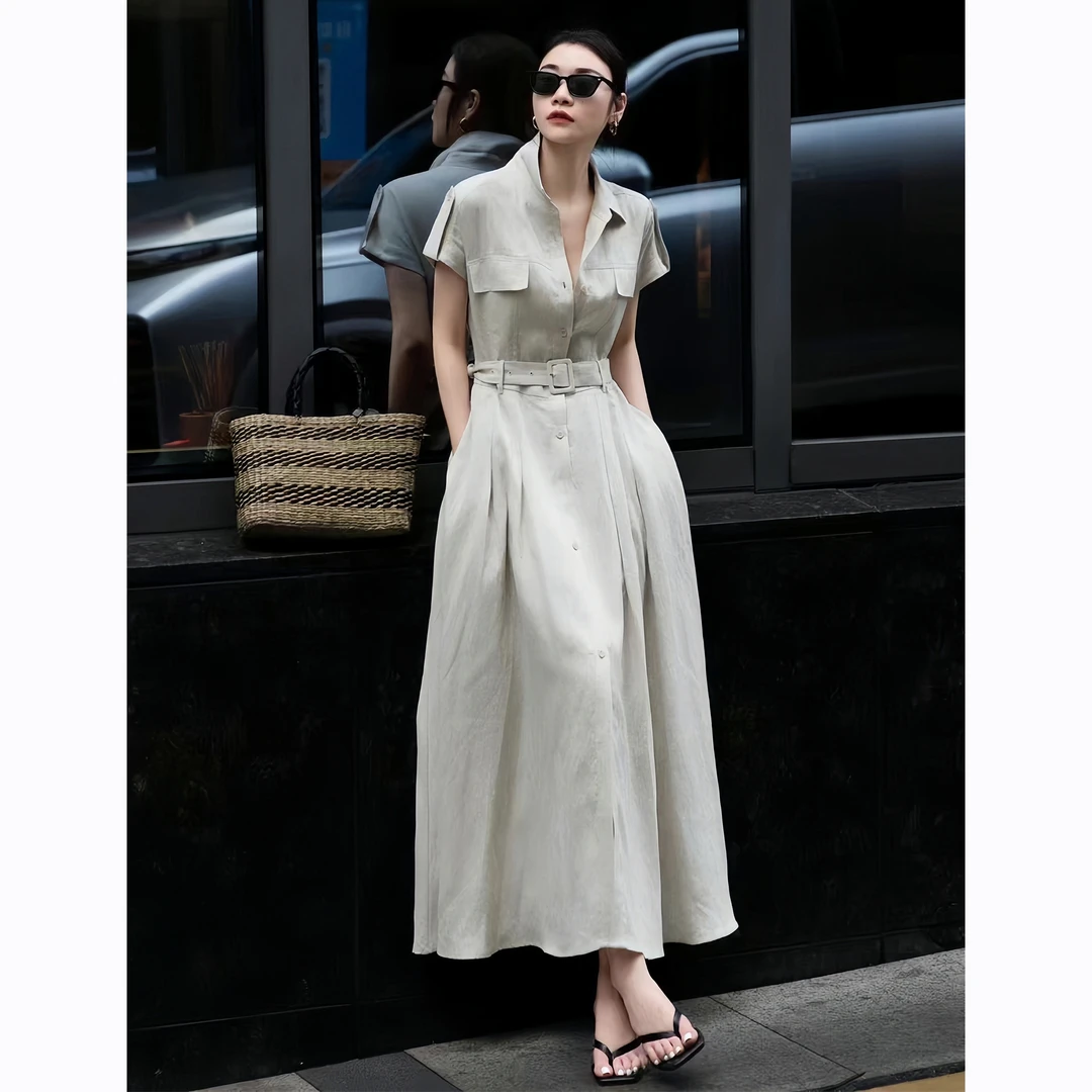ZEROYK老钱风亚麻连衣裙2025夏季优雅知性衬衫领高腰大摆长裙