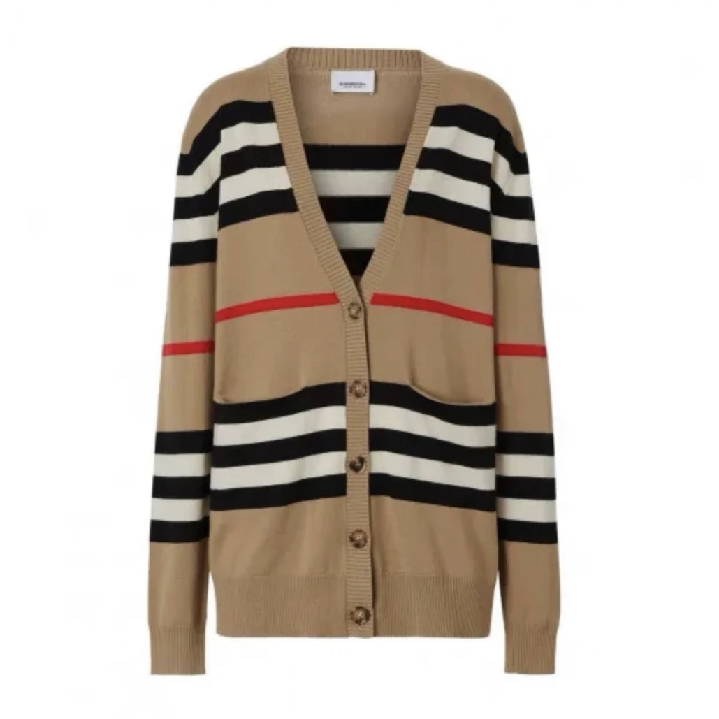 99新 BURBERRY/博柏利 条纹印花V领针织开衫 /L码/C01262