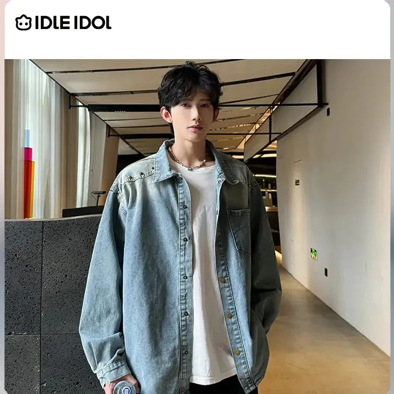 IDLE IDOL复古炒色休闲做旧牛仔宽松长袖潮流港风上衣外套秋季男