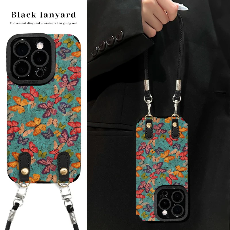 复古蝴蝶适用苹果vivo华为oppo小米iPhone17翻毛皮防摔手机壳女款