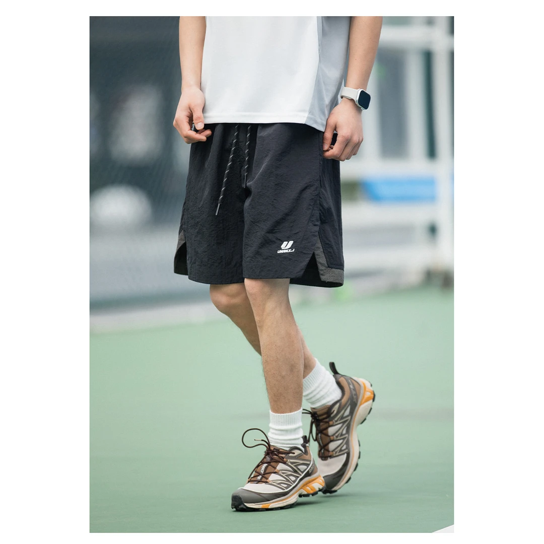 脚口开叉撞色拼接休闲短裤男夏款字母刺绣潮牌宽松户外运动五分裤