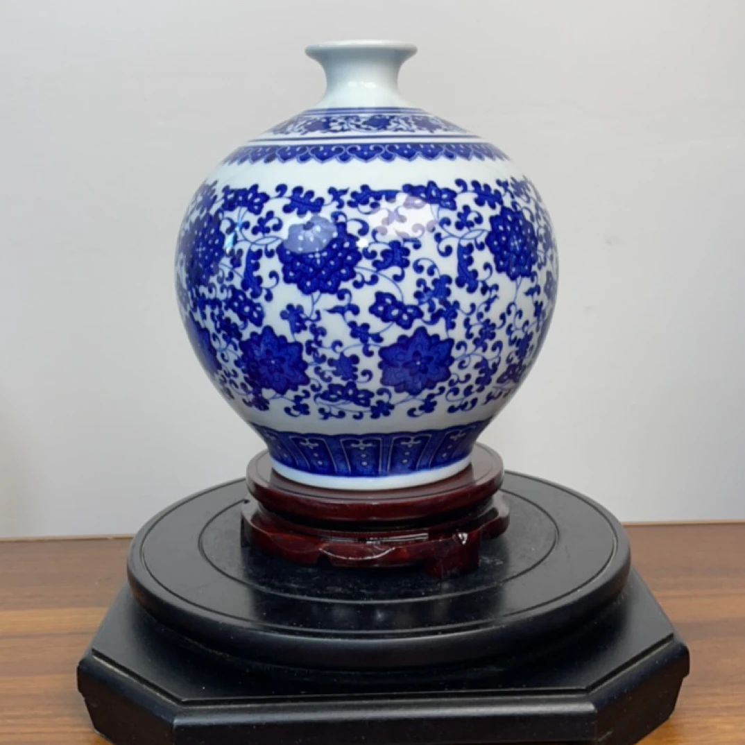 陶瓷青花缠枝莲花瓶新中式风格客厅装饰石榴瓶